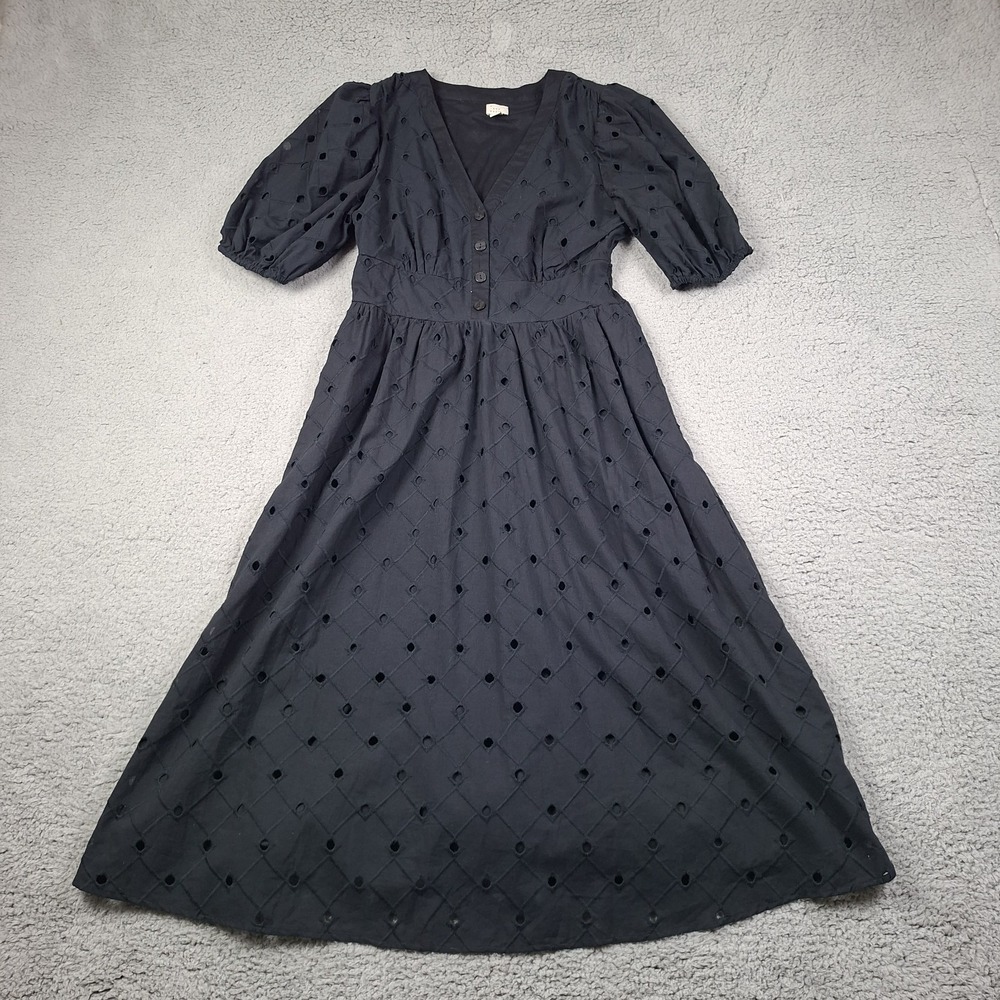 Black Eyelet Midi Dress Size M V-Neck Puff Sleeve Boho Dark Girl Moody Goth